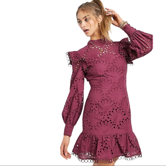 ASOS Dresses & Skirts - Asos Design High Neck Shell Eyelet Broderie Mini Dress with in Oxblood